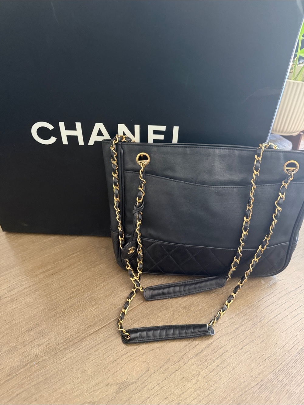 CHANEL Black Leather Quilted-Panel Shoulder Bag with Gold Chain